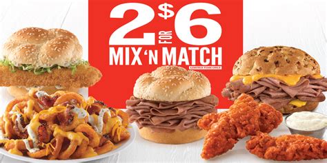Arby's 2 for $6 - Arby's Classic Beef 'n Cheddar, Arby's Mozzarella Sticks, Arby's Crispy Fish Sandwich, Arby's Roast Beef Classic, Arby's White Cheddar Mac 'N Cheese, Arby's 2 for $6 Faves You Crave. Promotions. 2 for $6 Faves You Crave: $6 for two select menu items. Tagline. “We Have the Meats”.
